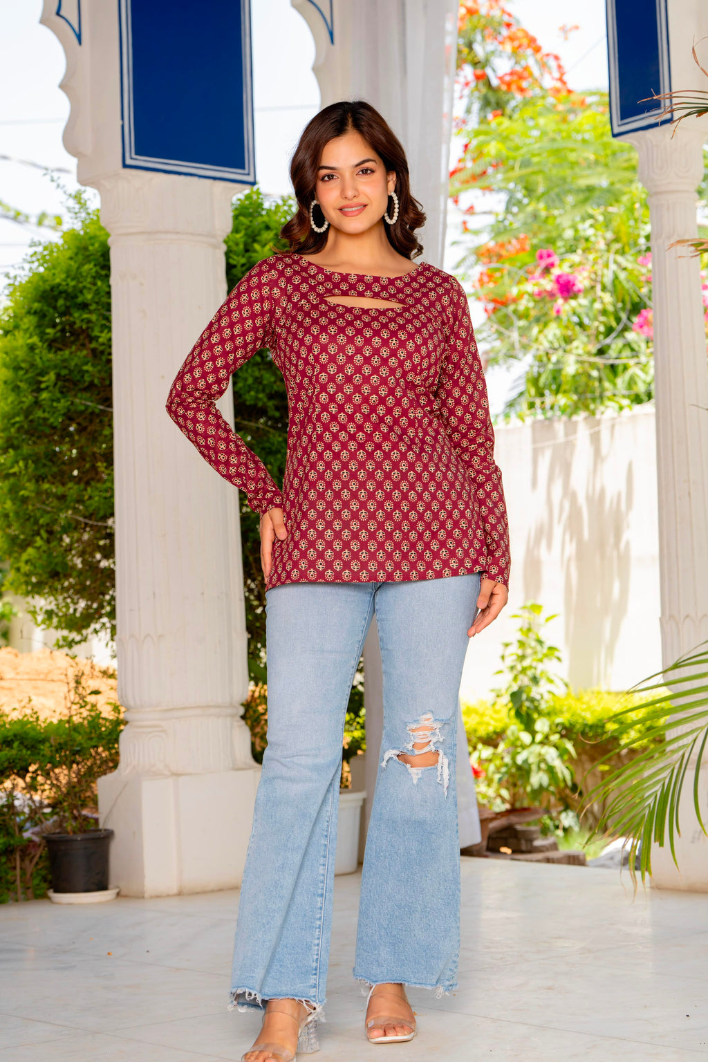 Elegant Maroon Floral Print Convertible Top