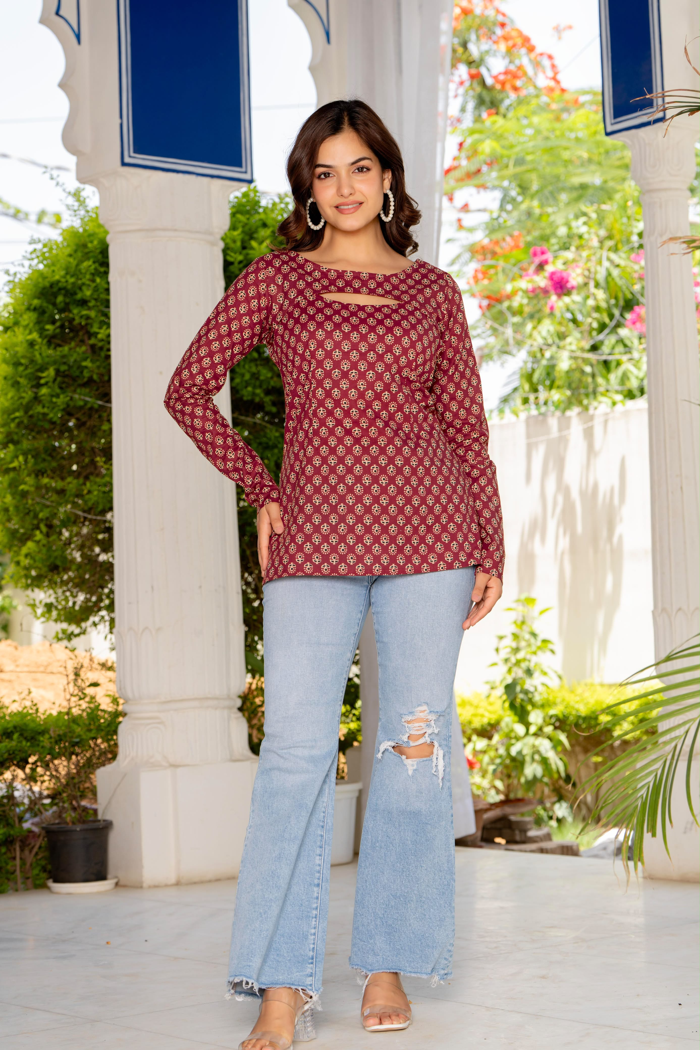 Elegant Maroon Floral Print Convertible Top