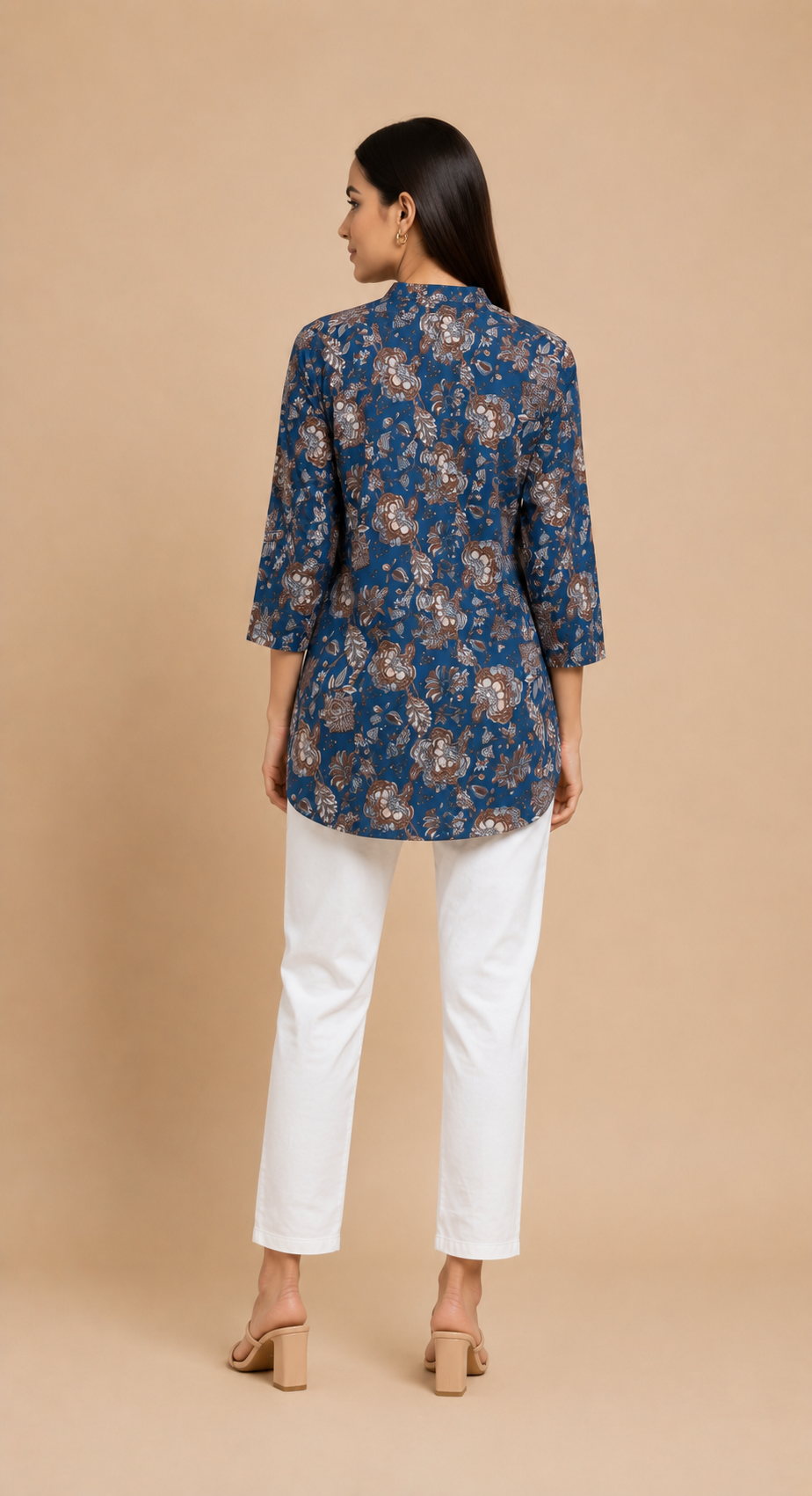 Steel Blue Floral Cotton Top for Women | Casual 3/4 Sleeve