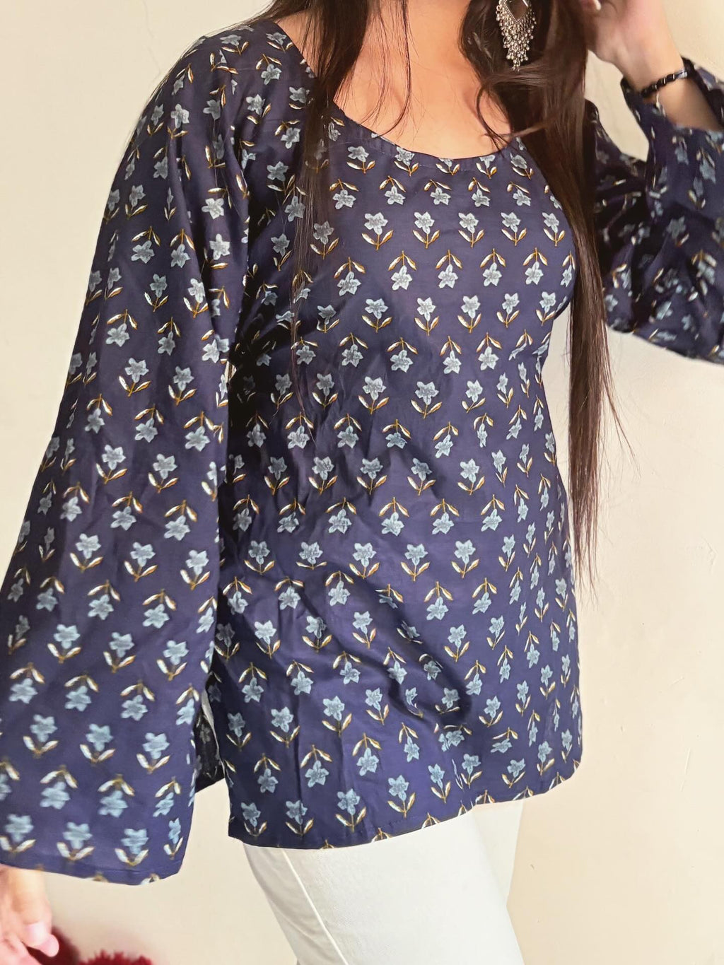 Women’s Premium Navy Blue Floral Cotton Top | Aesthetic Bell Sleeve Korean Style Top for Girls