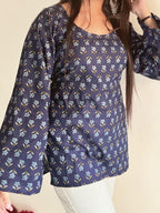 Women’s Premium Navy Blue Floral Cotton Top | Aesthetic Bell Sleeve Korean Style Top for Girls