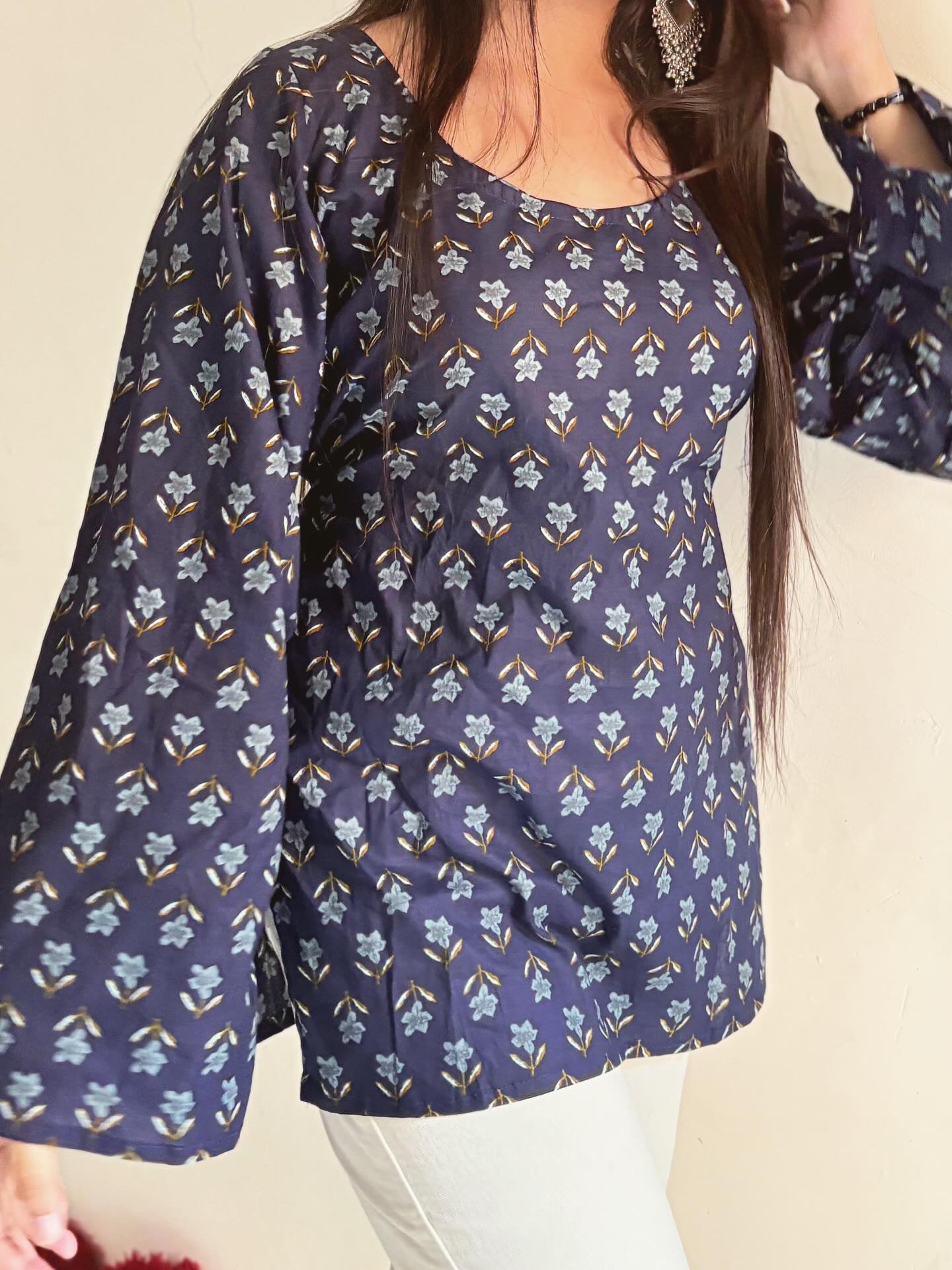 Women’s Premium Navy Blue Floral Cotton Top | Aesthetic Bell Sleeve Korean Style Top for Girls