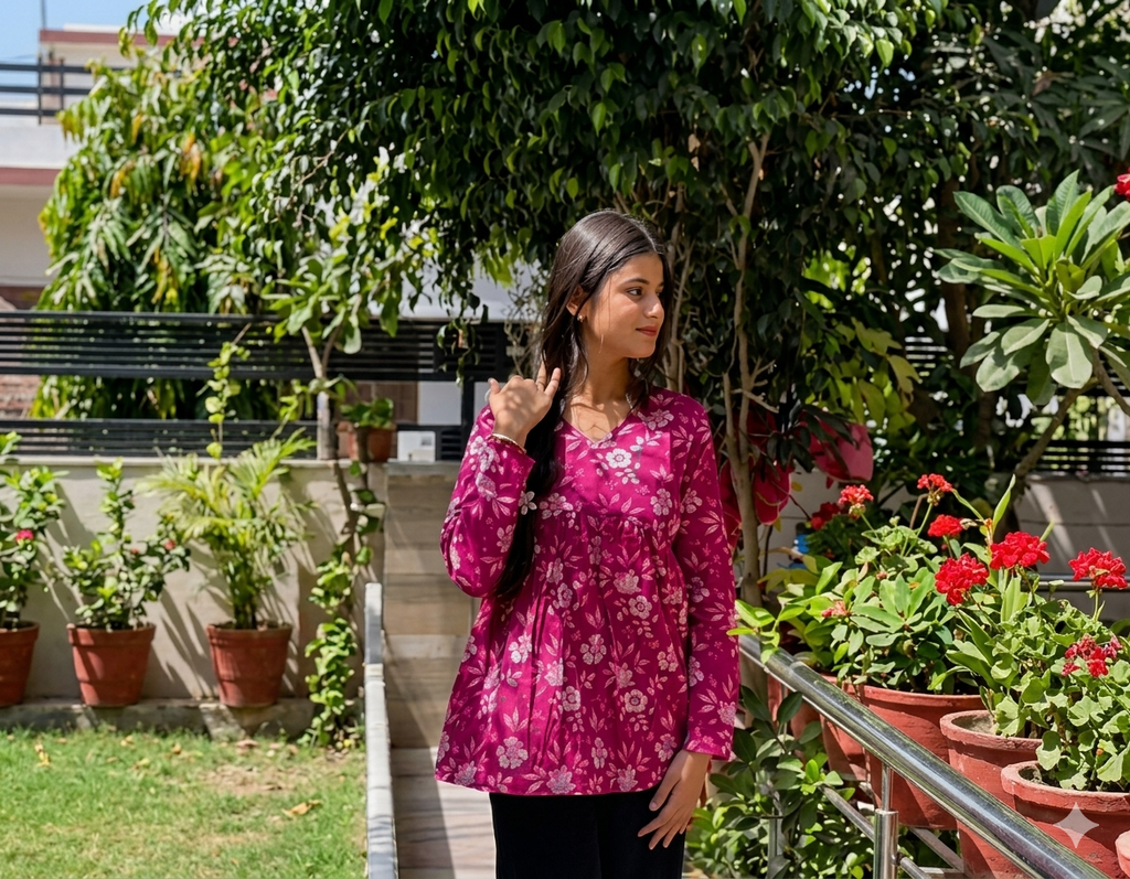 Women's Wine Floral Printed Short Kurti | Casual V-Neck Flared Tunic Top with Gathered Waist