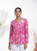 Pink Floral Cotton Top for Women | V-Neck Casual College Wear Top