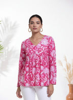 Pink Floral Cotton Top for Women | V-Neck Casual College Wear Top