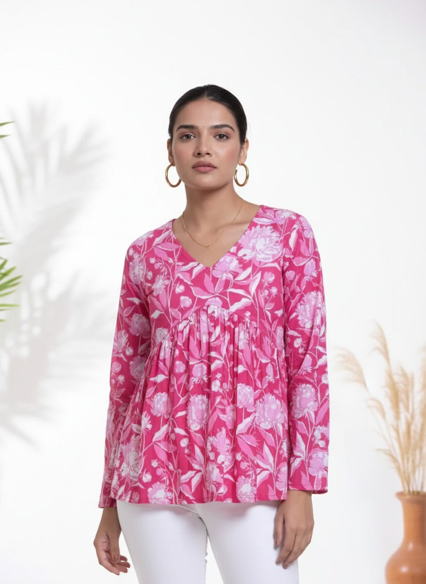 Pink Floral Cotton Top for Women | V-Neck Casual College Wear Top