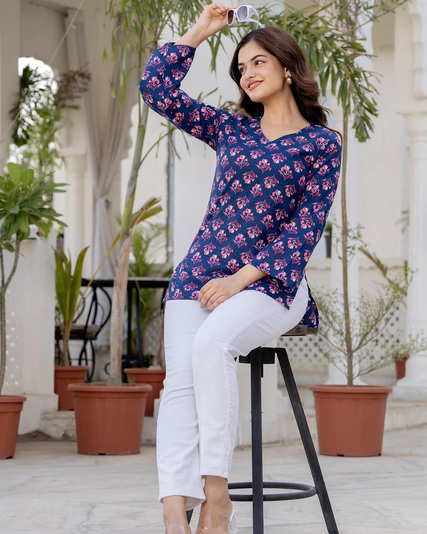 Elegant Navy Blue Printed Cotton Co-ord Set for Women | Breezy Comfort Daily Wear Outfit