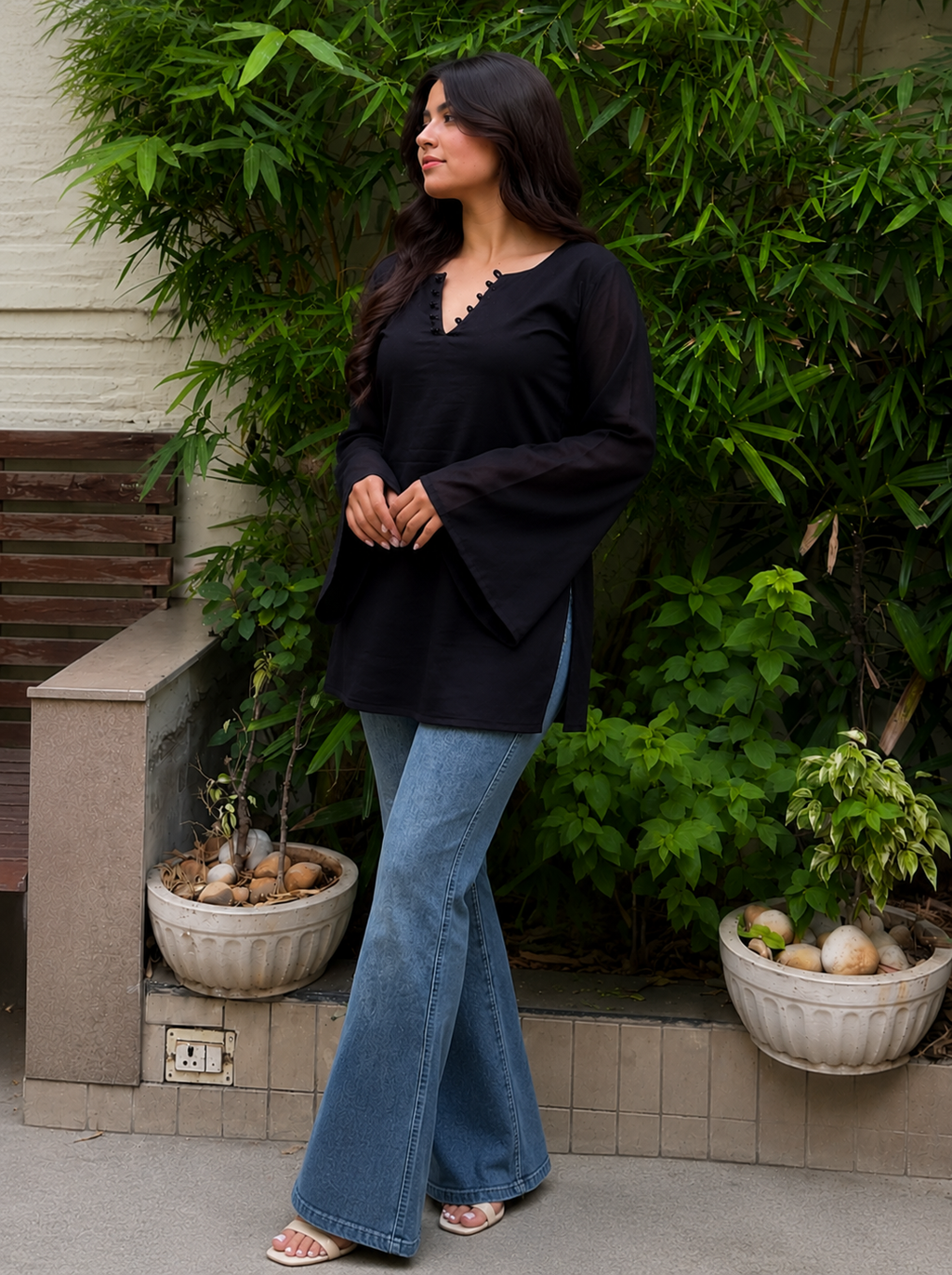 Women’s Black Bell Sleeve Tunic Top | V-Neck Casual Long Top for Women