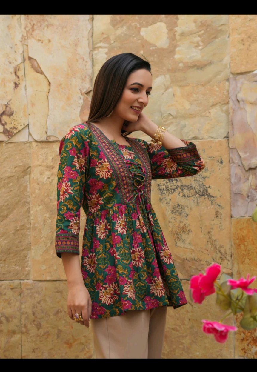 Women’s Floral Printed Peplum Top with Lace-Up Detail | Stylish Casual Ethnic Top