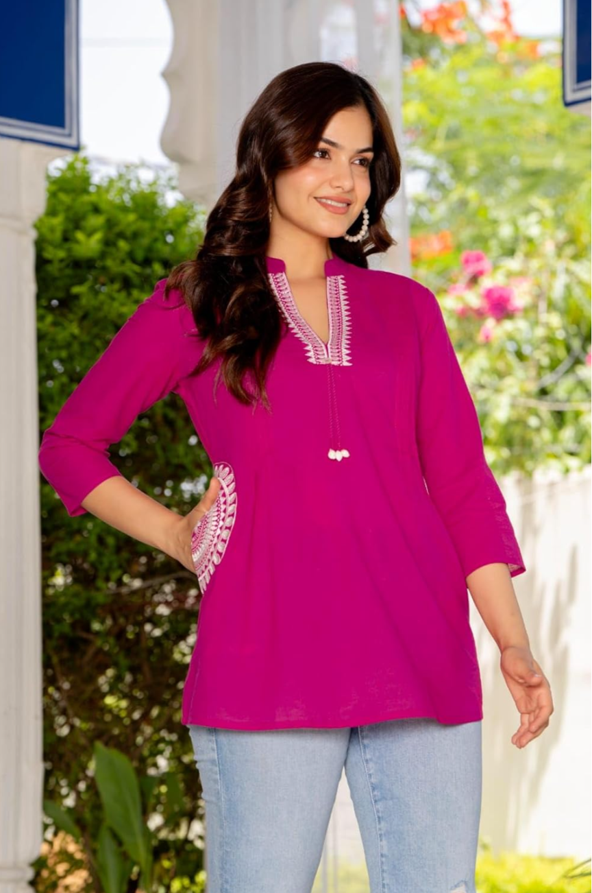 Women's Cotton Kurti, Pink, Embroidered Neckline with Tassel Detail, 3/4 Sleeves
