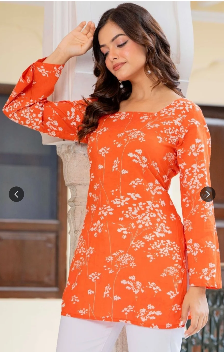 Women's Pure cotton Floral Printed Straight Short Kurti with Bell Sleeves (Copy)