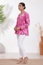 Pink Floral Cotton Top for Women | V-Neck Casual College Wear Top