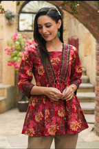 Rainbow Women’s Floral Printed Peplum Top with Lace-Up Detail | Stylish Casual Ethnic Top