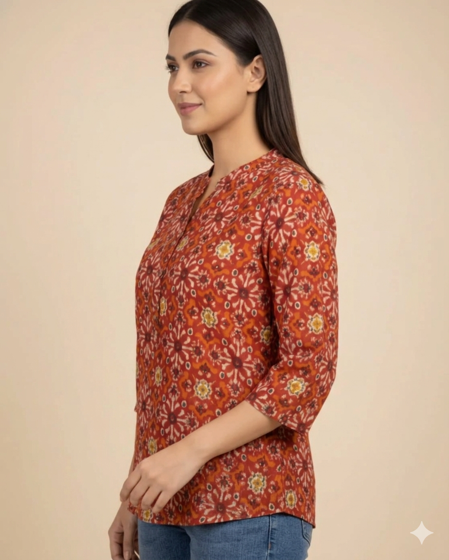 Rust Orange Cotton Kurti Style Top for Women | Ethnic Printed Smart Casual Top