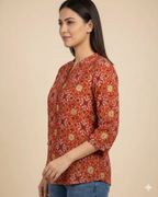 Rust Orange Cotton Kurti Style Top for Women | Ethnic Printed Smart Casual Top