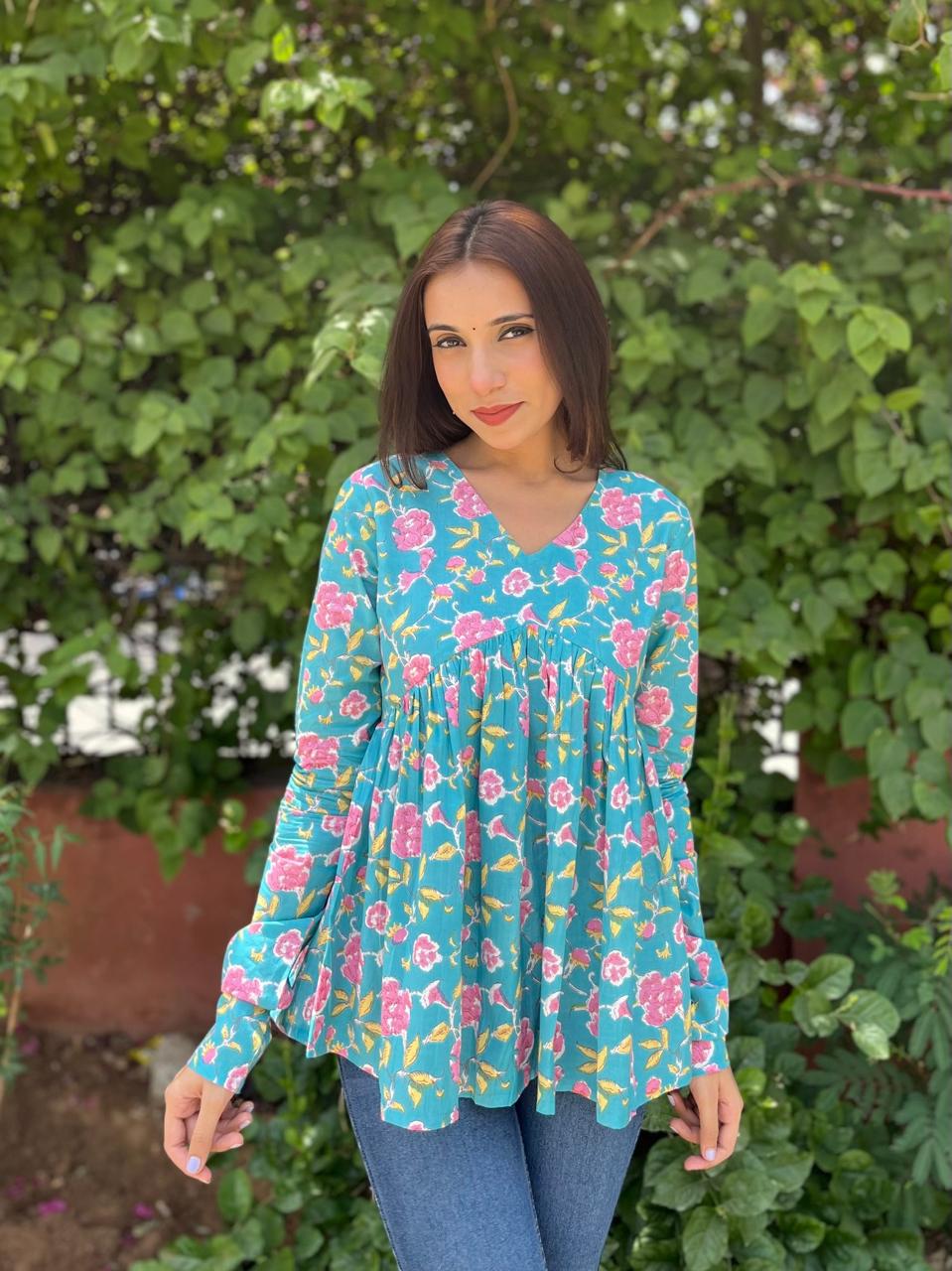 Teal Floral Cotton Top for Women | V-Neck Casual College Wear Top