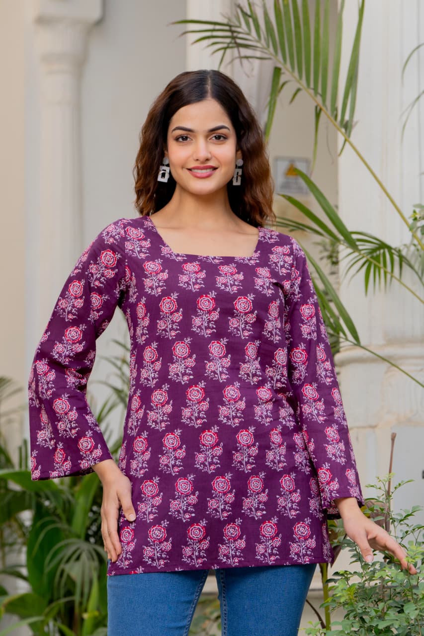 Wine Purple Printed Cotton Top for Women | Ethnic Daily Wear Square Neck Top
