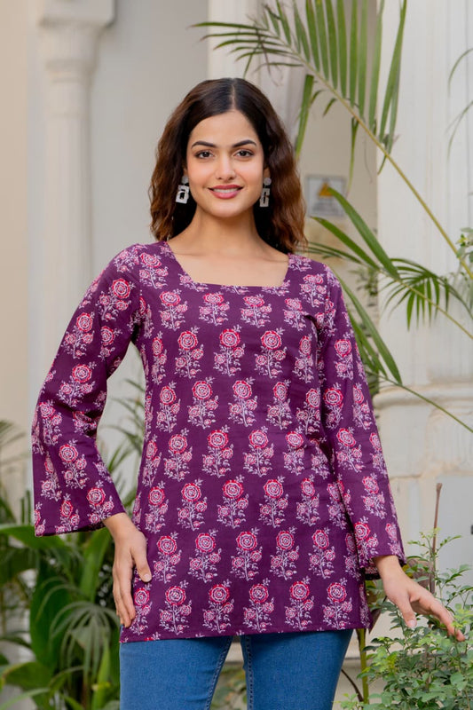 Wine Purple Printed Cotton Top for Women | Ethnic Daily Wear Square Neck Top