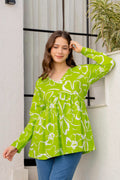 Lime Green Floral Cotton Top for Women | V-Neck Casual College Wear Top