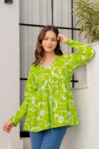Lime Green Floral Cotton Top for Women | V-Neck Casual College Wear Top