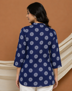 Navy Blue Cotton Printed Top for Women | Casual College Wear 3/4 Sleeve Top