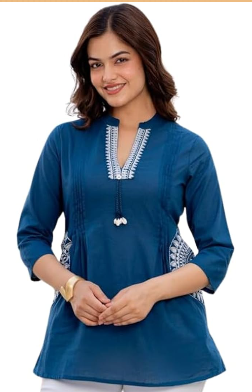 Women's Cotton Kurti, Blue, Embroidered Neckline with Tassel Detail, 3/4 Sleeves