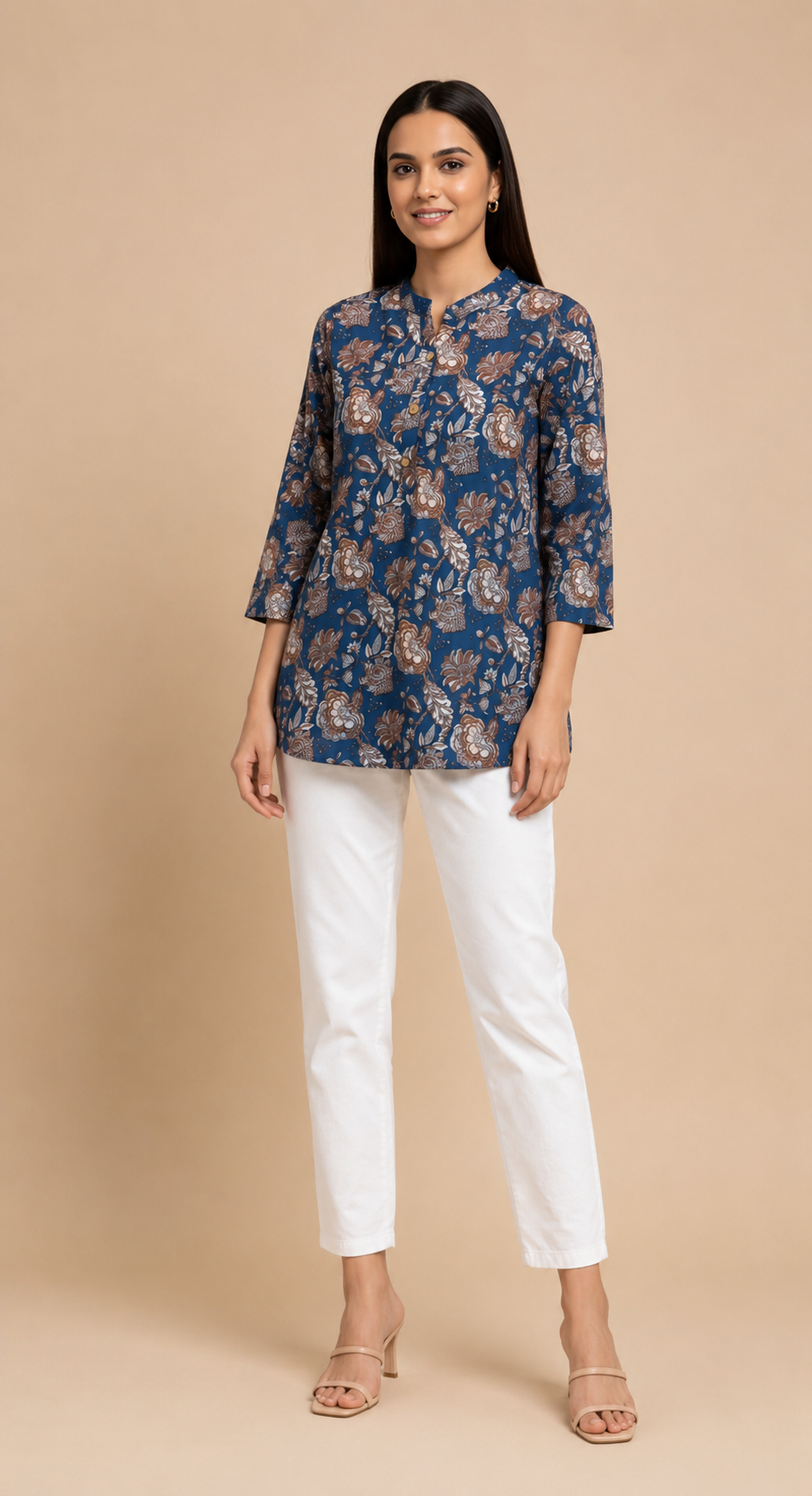Steel Blue Floral Cotton Top for Women | Casual 3/4 Sleeve