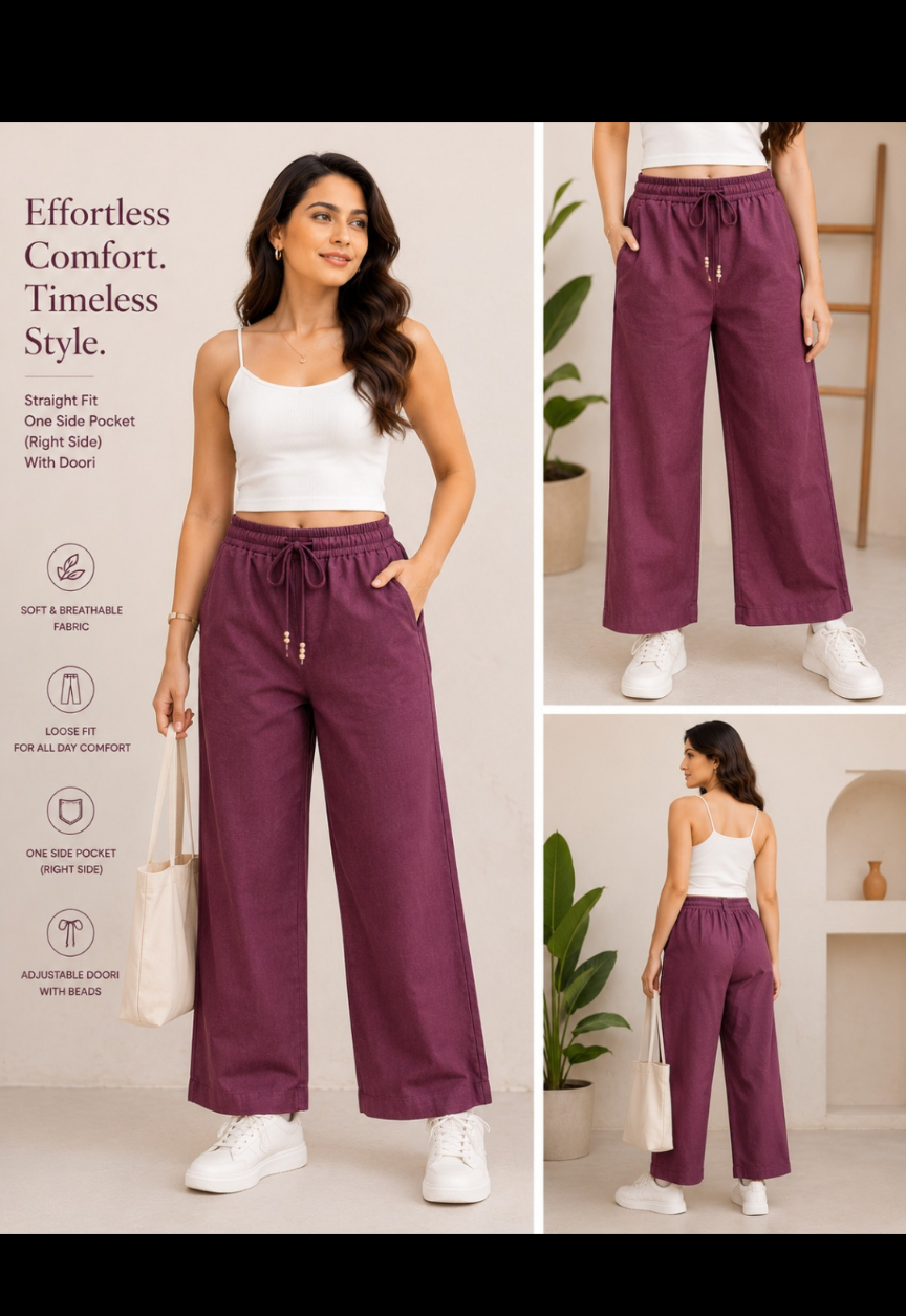 Wine Purple Straight Fit Cotton Palazzo Pants for Women | Elastic Waist Loose Fit Trousers with Pocket & Adjustable Dori