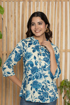 Off White & Blue Floral Cotton Top for Women