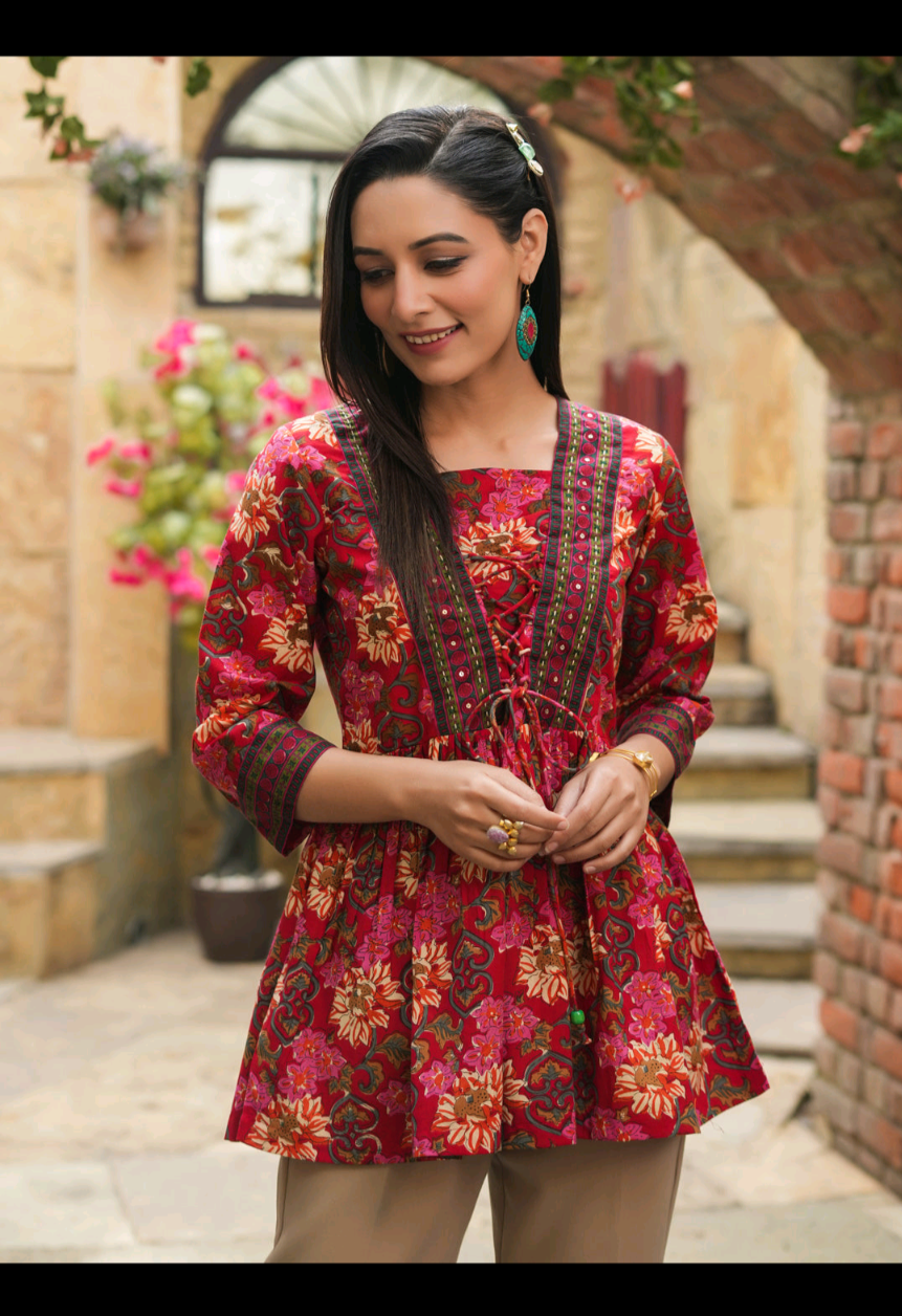 Rainbow Women’s Floral Printed Peplum Top with Lace-Up Detail | Stylish Casual Ethnic Top