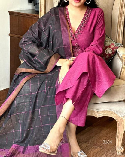 Wine Khadi Cotton Kurti Set  With Linen Dupatta  For Women