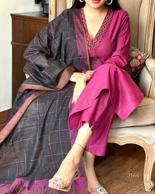 Wine Khadi Cotton Kurti Set  With Linen Dupatta  For Women